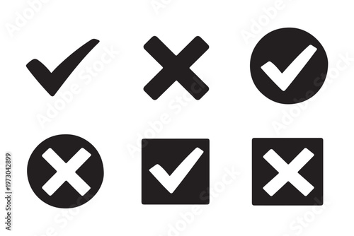 Editable check and cross marks representing approval, rejection and validation actionsset of  white background