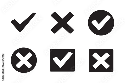 Editable check and cross marks representing approval, rejection and validation actionsset of  white background