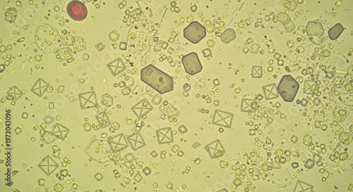 Microscopic examination of urine sediment showing uric acid and calcium oxalate crystals.