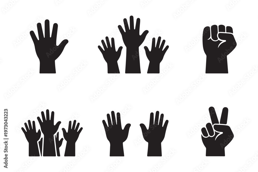 Fototapeta premium Human Hand Gestures Icon Set: Raised Hands, Unity Fist, and Peace Symbol Silhouettes.