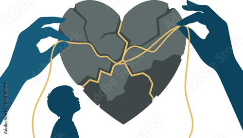 Heart of stone being repaired with golden thread by mother