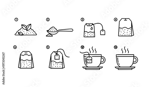 Tea Bag Making Instruction Line Icon Set Process Vector