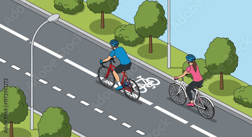 Couple cycling on dedicated bike lane in urban park, healthy lifestyle, active transport