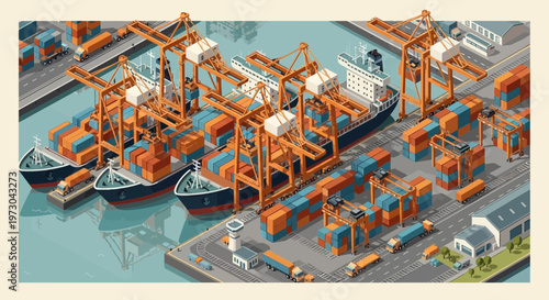 Isometric cargo port with ships, cranes, containers, and trucks, global logistics and trade