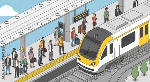 People waiting for train at station platform, isometric view, modern transportation concept