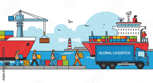 Global Logistics Shipping Port: Cargo Ship, Crane, Truck, Workers, Containers