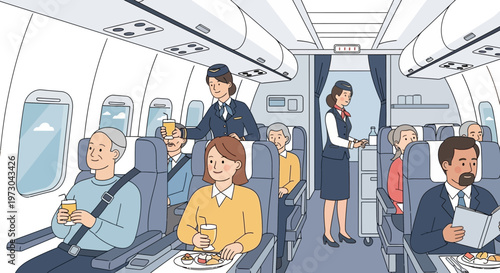 Airplane interior with passengers and flight attendants serving drinks and meals.