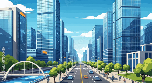 Modern Cityscape Avenue with Skyscrapers, Traffic, and Greenery