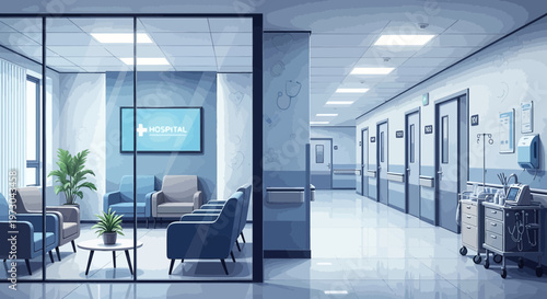 Modern Hospital Waiting Room and Corridor with Medical Equipment, Interior Design