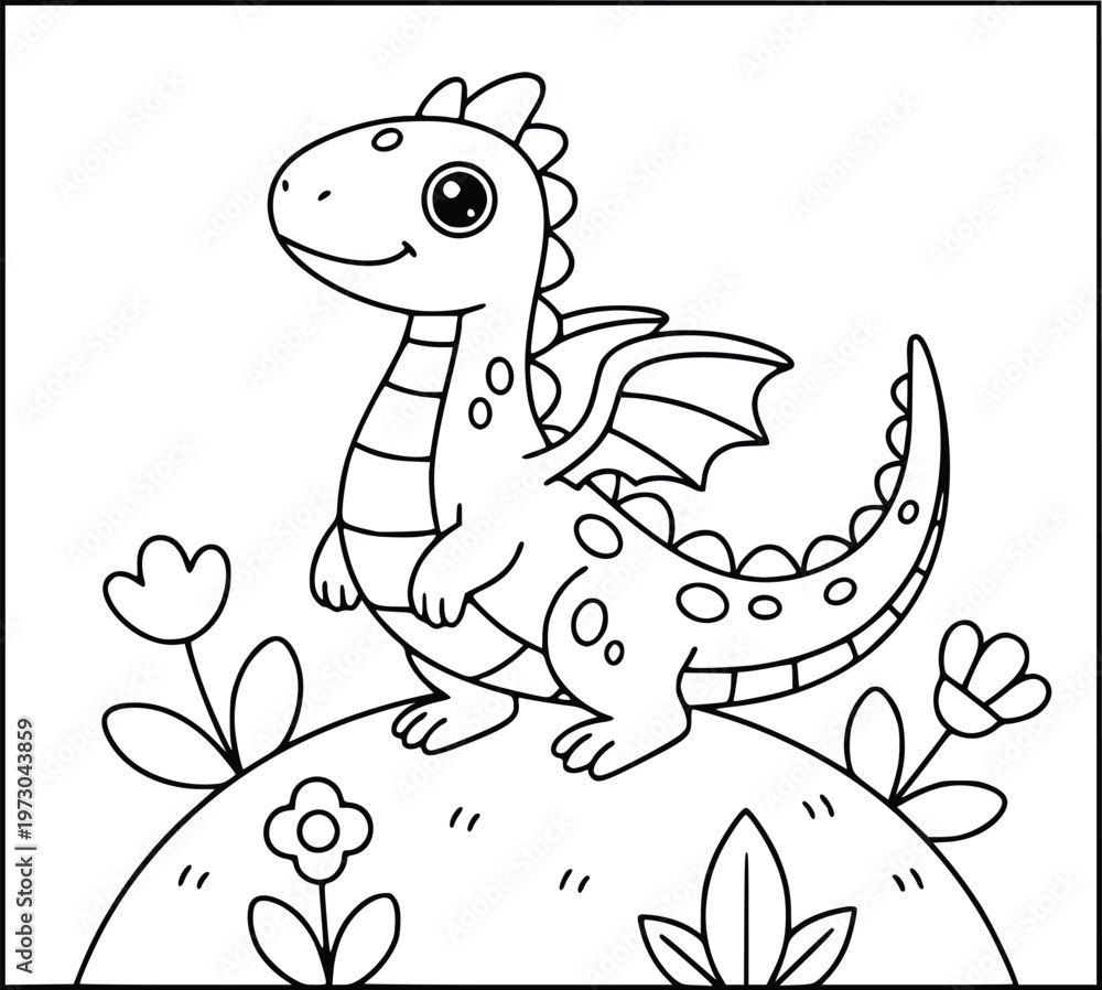 Fototapeta premium Coloring book page with a cute winged dragon standing on a hill