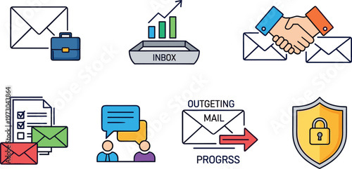 Professional Business Communication Icon Set with Email Inbox Management, Outgoing Mail Progress, Secure Shield Protection, Networking Handshake, and Data Analytics Symbols