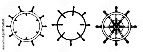 Cruise ship steering wheel icon set with solid black design on white background featuring maritime, navigation, ship with black and white and vector