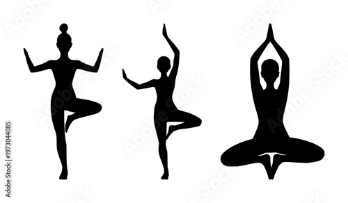 Yoga tree pose set with solid black icon and white background featuring yoga, tree pose, silhouette with black and white and icon