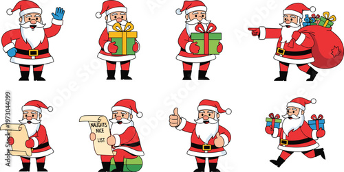 Santa Claus character set with different poses holding gifts map sack and gestures Christmas cartoon vector illustration collection