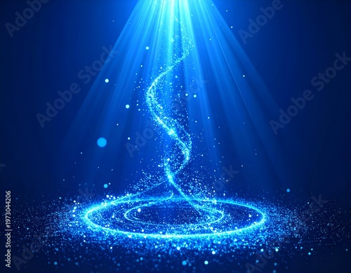 Glowing blue light spiral descending from above, forming a circular glow