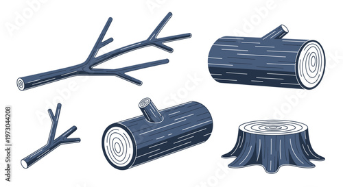 Forest Wood Elements: Branches, Logs, and Tree Stump Illustration