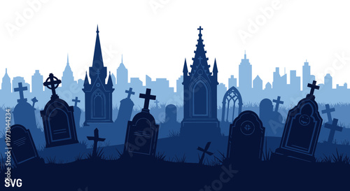 Graveyard Silhouette with City Skyline Background