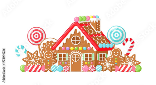 Gingerbread House with Christmas Cookies and Candies, Festive Holiday Sweets