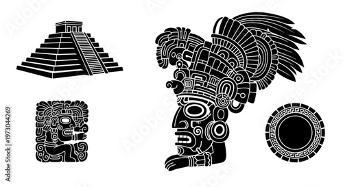 Mayan Civilization Icons: Pyramid, Warrior Mask, Glyphs, and Calendar Symbol