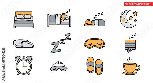 Sleep Icons Set: Bed, Person Sleeping, Moon, Alarm Clock, Eye Mask, Slippers, Coffee