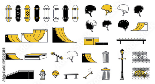 Skateboarding Elements Collection: Skateboards, Ramps, Helmets, and Park Features