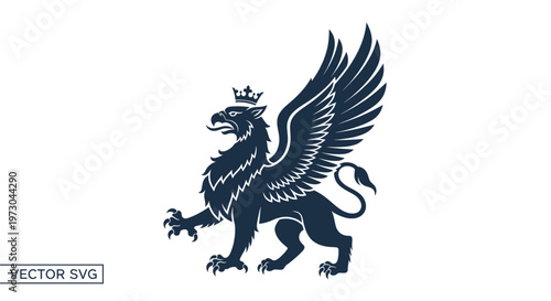 Mythical Griffin Heraldic Symbol with Wings and Crown, Dark Blue Silhouette