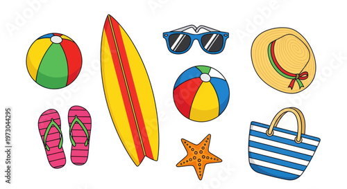 Summer Vacation Beach Accessories Collection: Surfboard, Sunglasses, Hat, Balls, Bag, Flip-flops