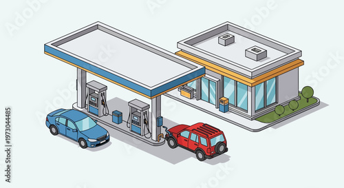 Isometric gas station with cars and convenience store, urban scene