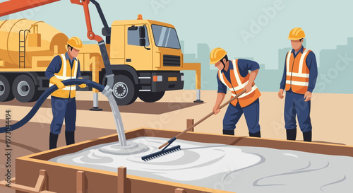 Construction workers pouring concrete with truck mixer and boom pump, flat design illustration.
