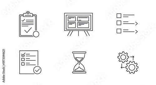 black and white workflow icons including task management, kanban board, checklist progress, productivity timer, workflow automation, vector line art