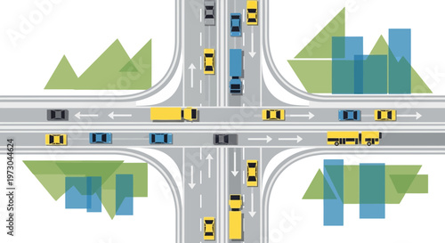 Aerial View of Busy Highway Interchange with Cars and Trucks