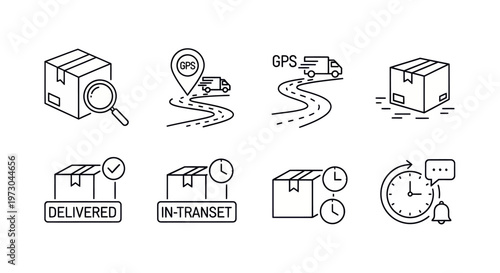 black and white logistics tracking icons including shipment tracking, GPS delivery route, package status, real-time delivery update, vector line art