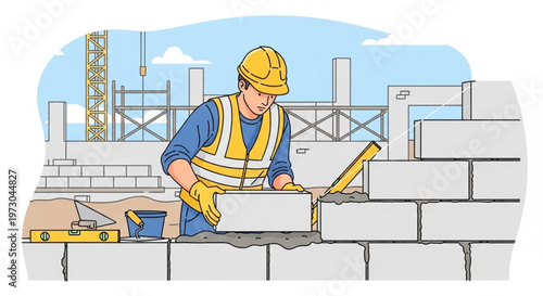Construction Worker Laying Masonry Blocks Illustration