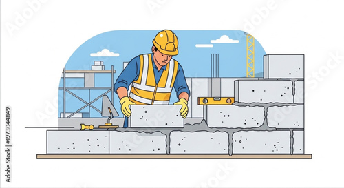 Construction Worker Building a Masonry Wall Illustration