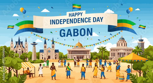 Gabon Independence Day celebration with people and national landmarks.