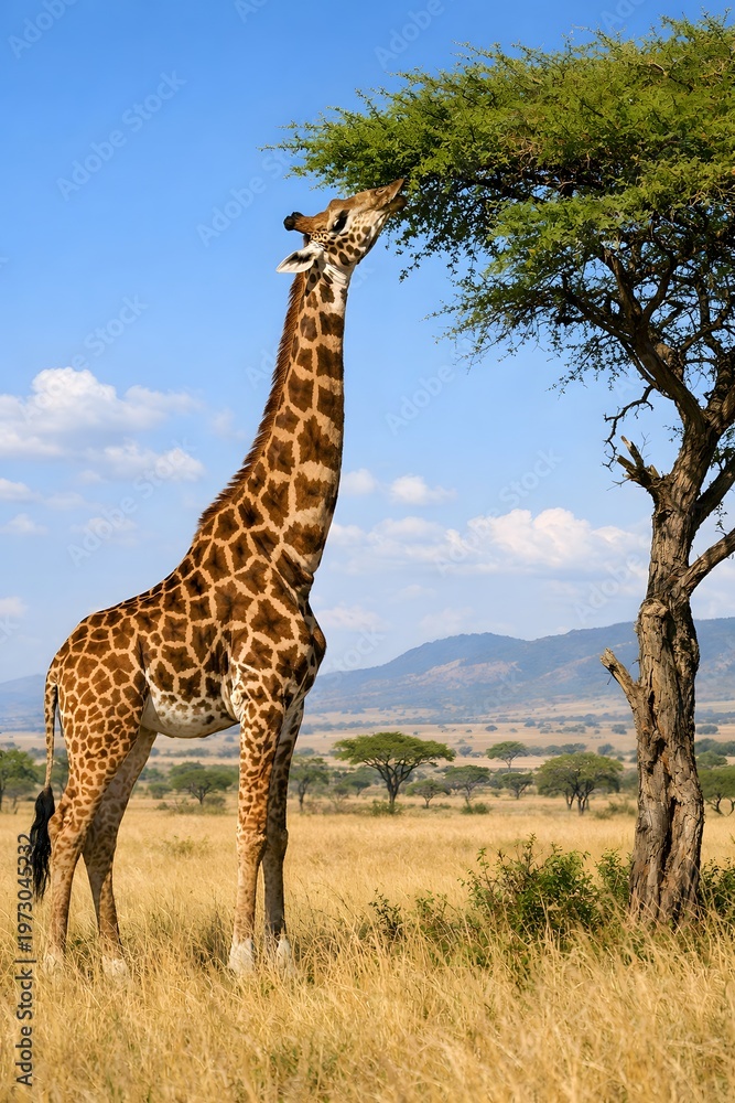 Fototapeta premium Giraffe eating leaves from a tree