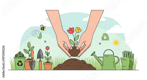 Hands planting colorful tulip flowers in soil with gardening tools and eco friendly symbols
