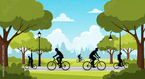 People riding bicycles on a park pathway surrounded by trees and streetlights on a sunny day with a blue sky