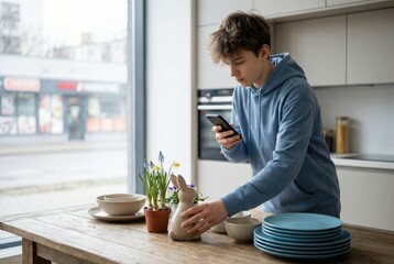 Teenager boy taking photo of ceramic rabbit and flowers on smartphone in kitchen. Easter home interior decoration and table setting preparation. Lifestyle photography, hobby and social media.