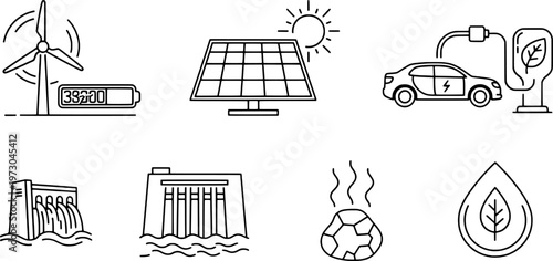 Clean outline sustainable power and eco-friendly energy symbols collection, "Created with AI assistance and manually refined."