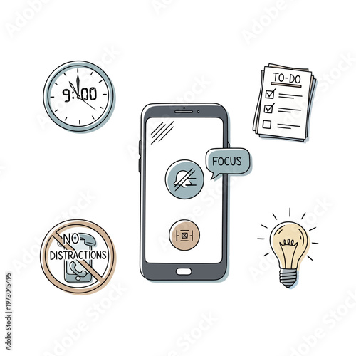Focus to do list for time management and avoiding distractions with mobile phone in do not disturb mode vector illustration.