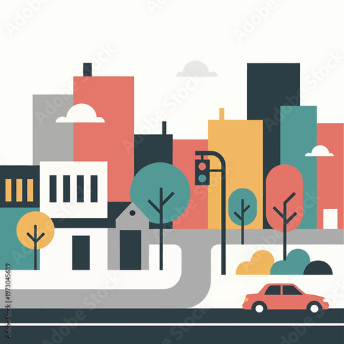 Car Drives on City Street Road.