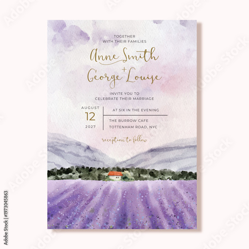 wedding invitation with lavender field and house watercolor background