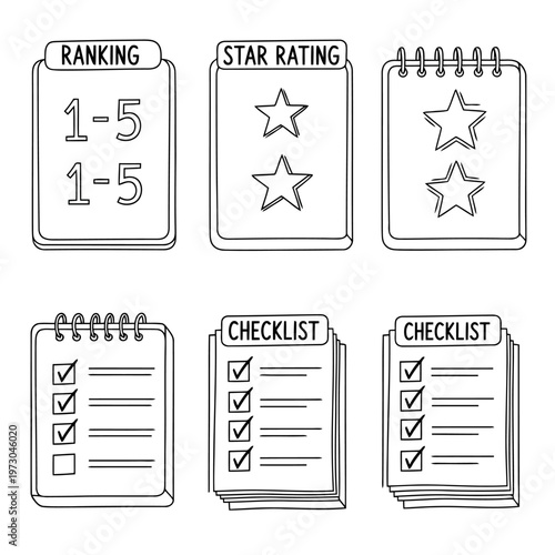 Set of black and white line art vector icons for various rating and checklist options, useful for surveys and evaluation forms.