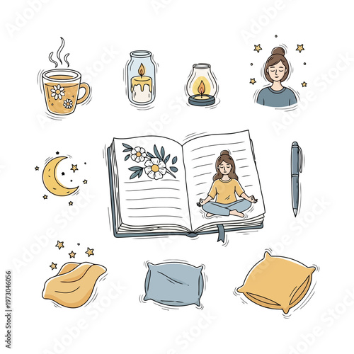 Relaxation and self care concept vector illustration cozy atmosphere elements such as warm tea candles meditation and journaling.