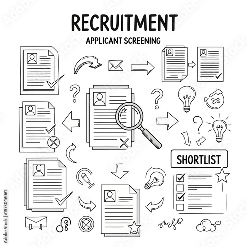 Recruitment applicant screening process with various icons including resumes, magnifying glass, question marks, light bulbs, and shortlist concept.
