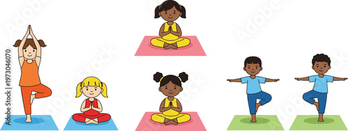 Kids yoga poses collection with children practicing meditation and balance exercises cartoon vector illustration set of healthy lifestyle activities