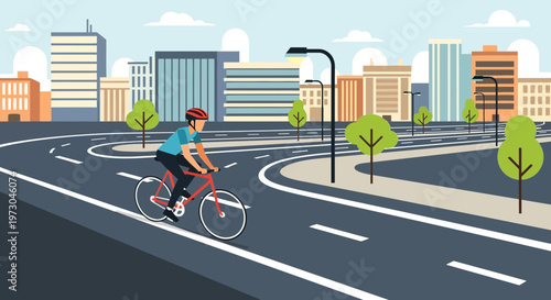 Cyclist riding bicycle on city road with modern buildings and trees, urban commute