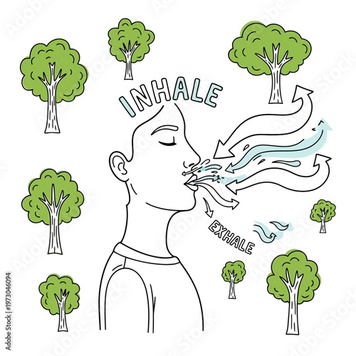 Human breathing process with inhale and exhale air surrounded by trees, concept of fresh air and environmental health, vector.