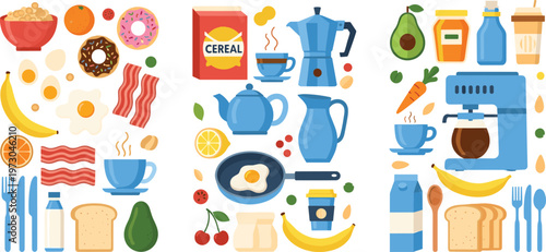 Breakfast food and drink collection with coffee eggs bacon fruits and kitchen appliances cartoon vector illustration set for morning meal design